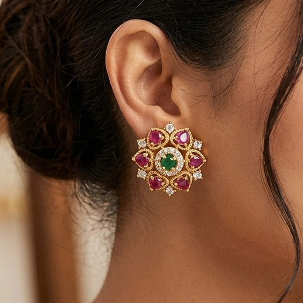Elegents' Flower Ruby White Ad Stone Studs Earrings